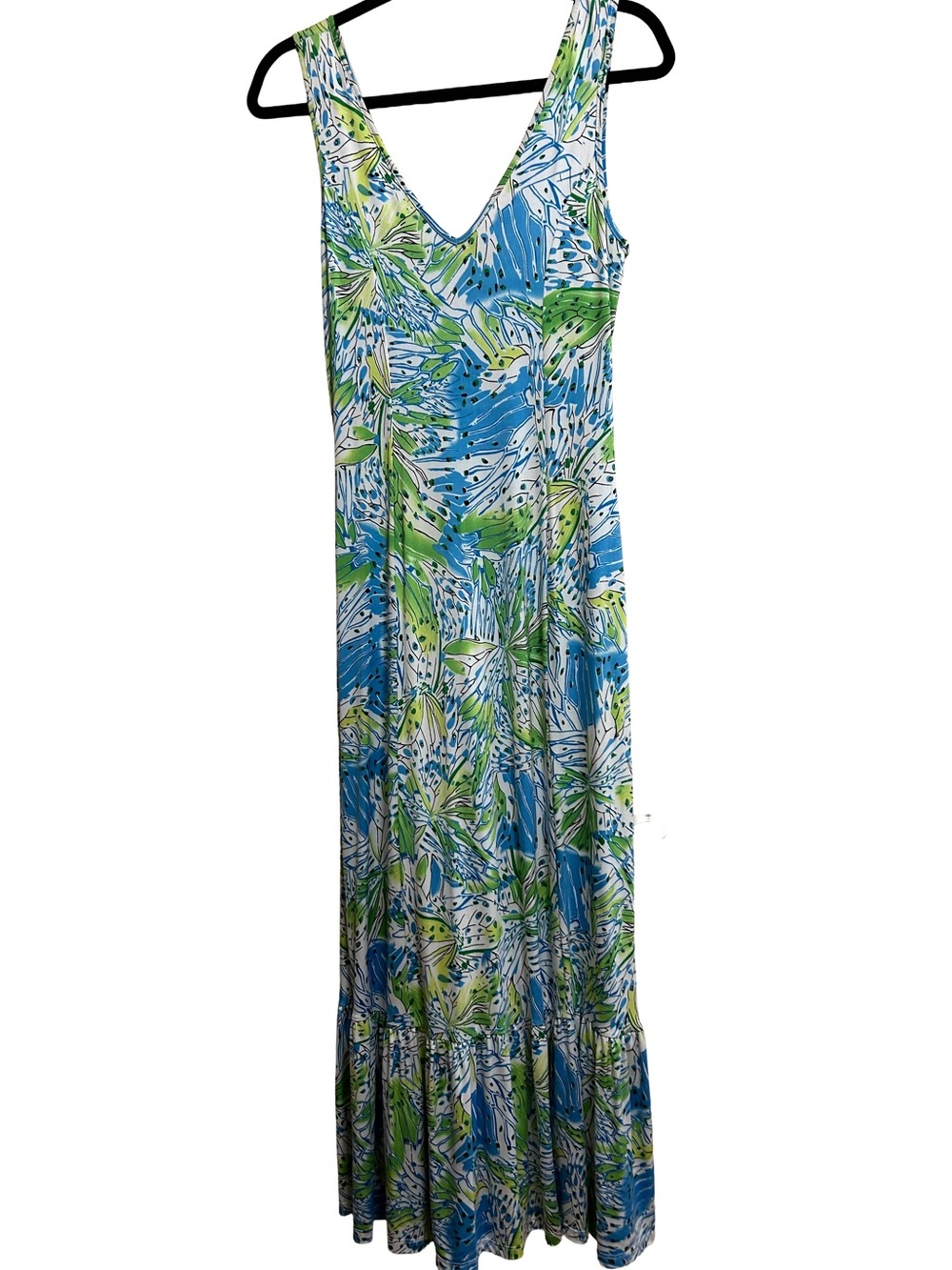 VTG  NWOT Method Sleeveless V Neck Tiered Ruffle Maxi Dress Green Blue